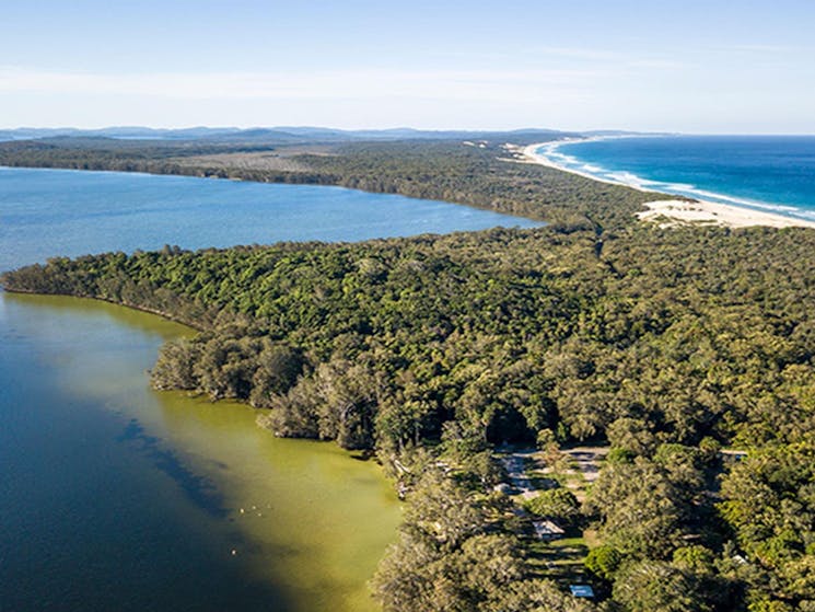 Aerial view of Mungo Brush campground in Myall Lakes National Park. Credit: John Spencer &copy; DPE