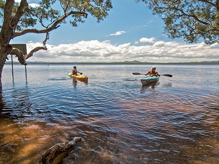 Kayaks on Myall Lake at Mungo Brush campground, Myall Lakes National Park. Photo: John Spencer/NSW