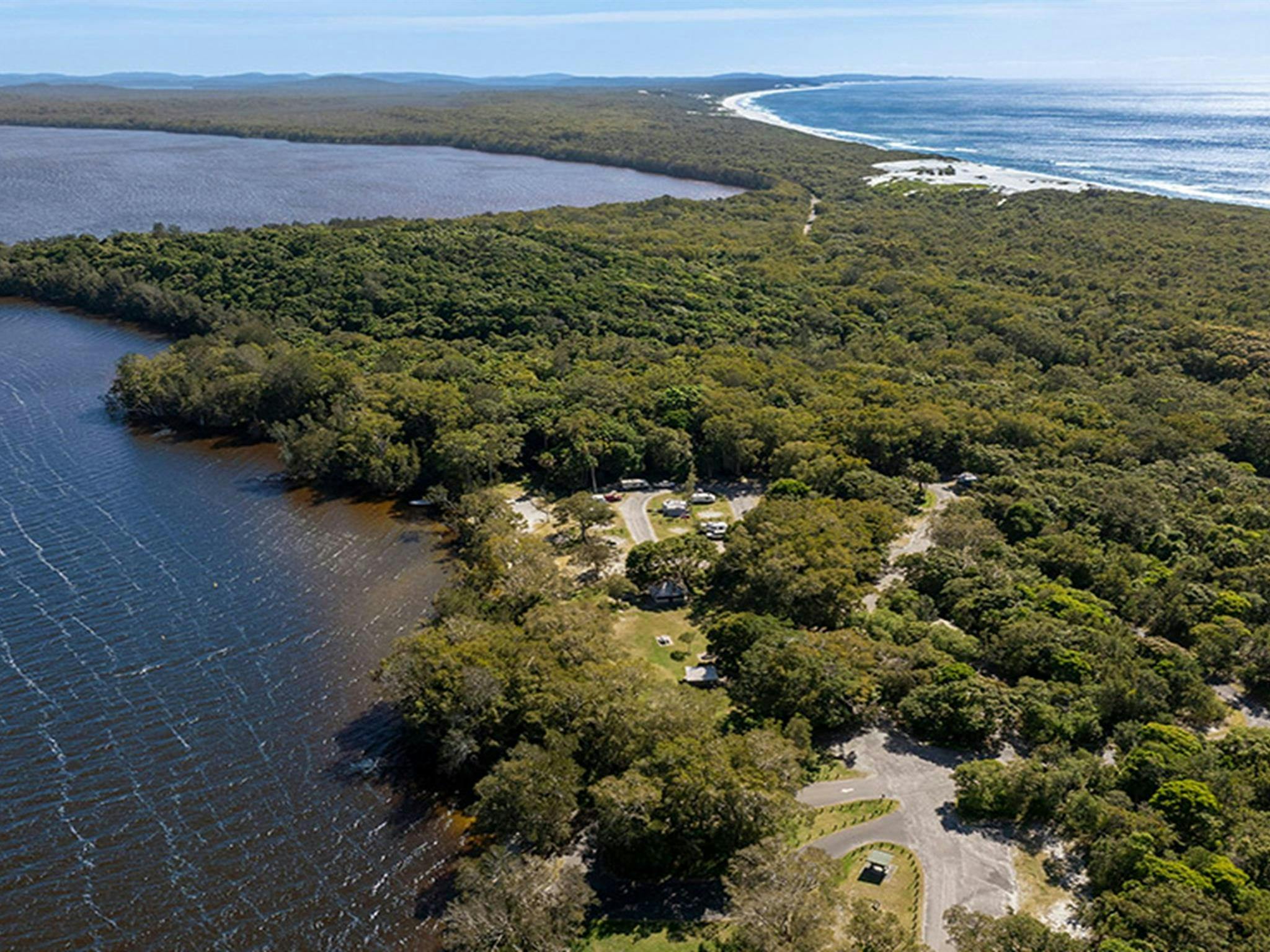 Aerial view of the lake and beach near Mungo Brush campground. Credit: John Spencer/DCCEEW &copy;