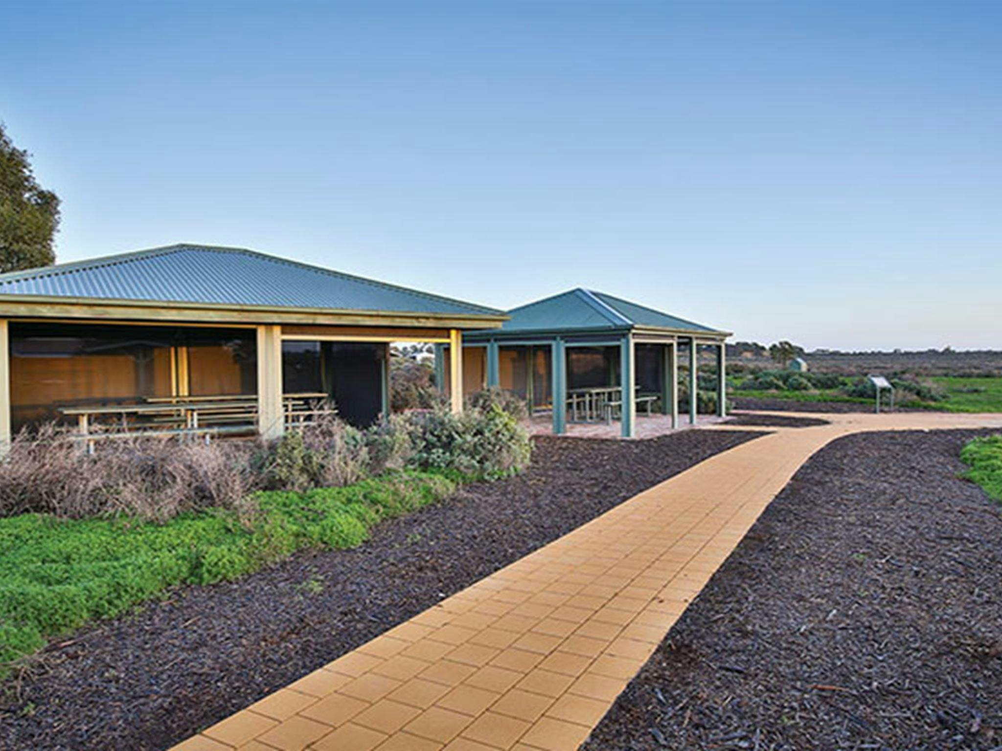 Sheltered picnic tables near Mungo Visitor Centre in Mungo National Park. Photo: Corey Brown &copy;