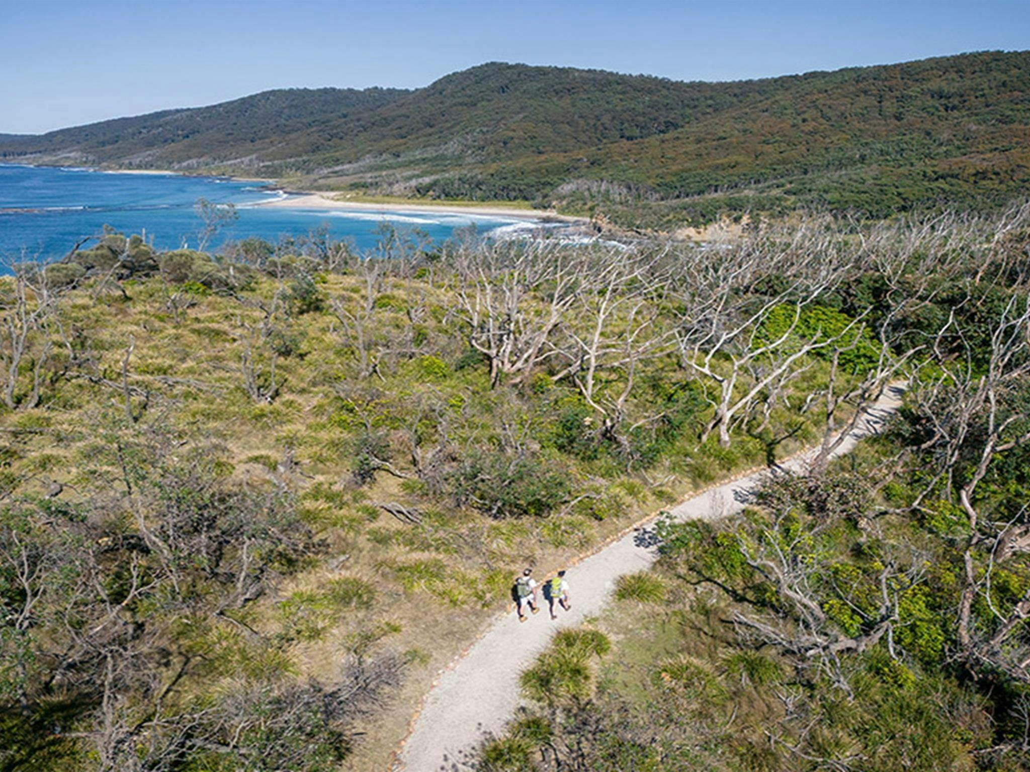 Luftaufnahme von Wanderern auf dem Wanderweg am Snapper Point. Foto: John Spencer © DCCEEW