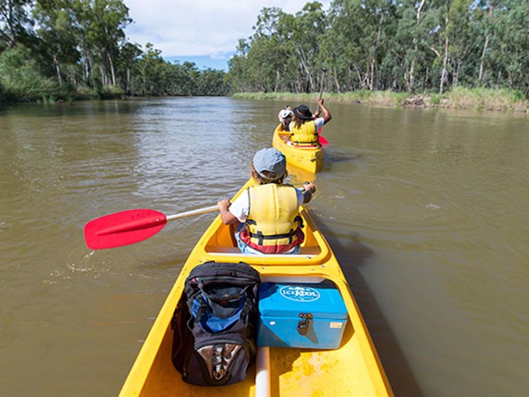 Family in canoes on the Murray River, Murray Valley National Park. Photo: B Ferguson/OEH