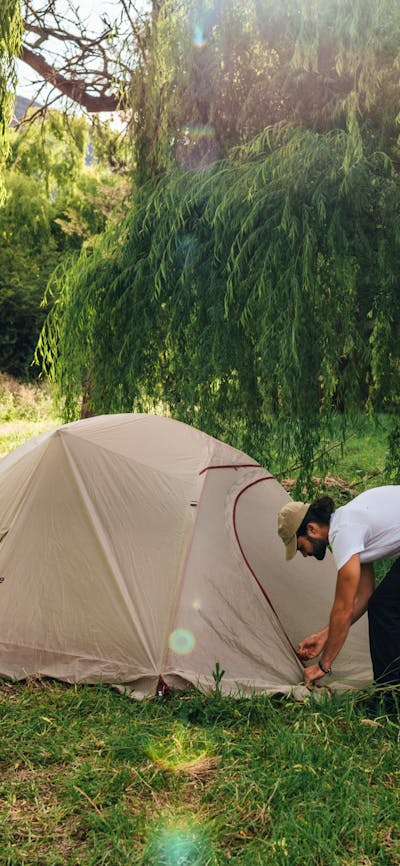 Setting up our tent under the weeping willows.