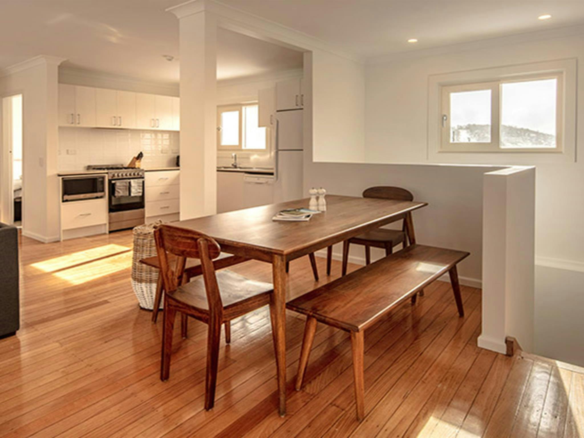 Dining and living area in Numbananga Lodge, Kosciuszko National Park. Photo: Murray Vanderveer/OEH