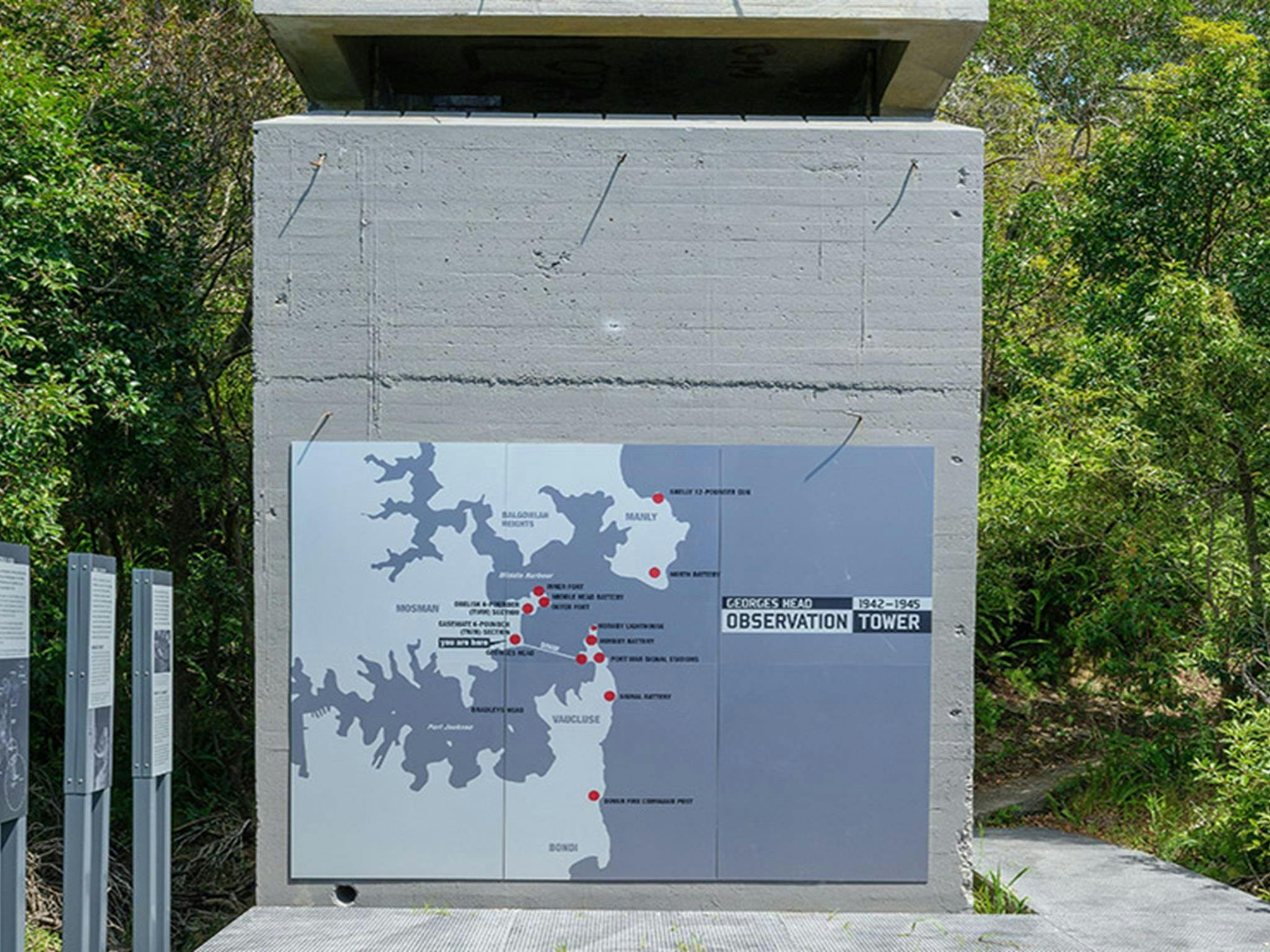 The facinating stories on signage around the restored Observation Tower at Georges Head promotes