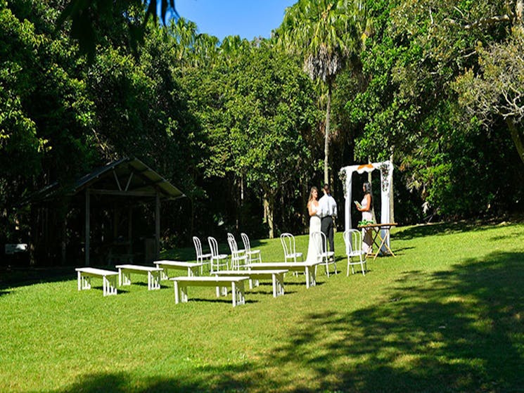 A couple saying their vows under a wedding arch on Palm Valley lawn in Cape Byron State Conservation