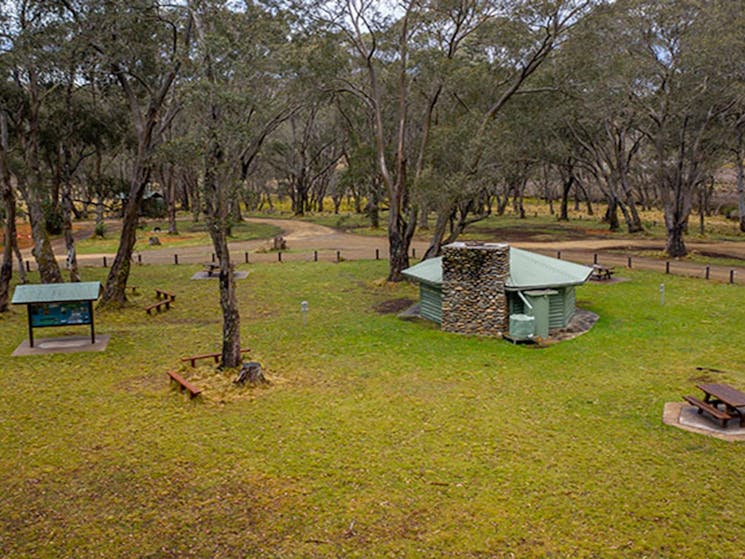Low aerial view of Polblue campground and picnic area in Barrington Tops National Park. Photo: John