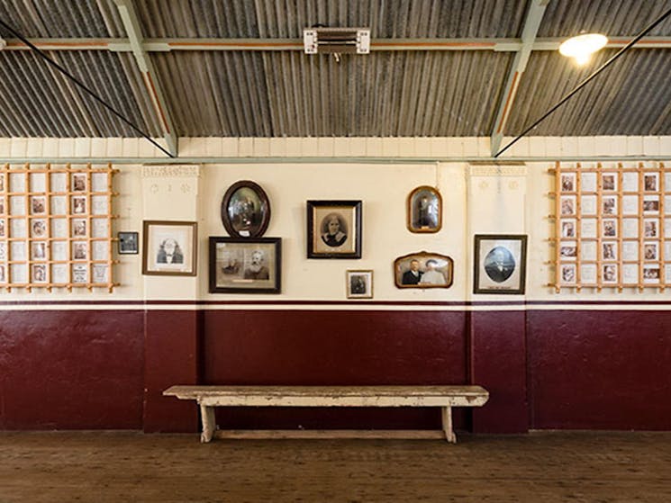 Historic photographs on the wall of Royal Hall in Hill End Historic Site. Photo: Jennifer Leahy
