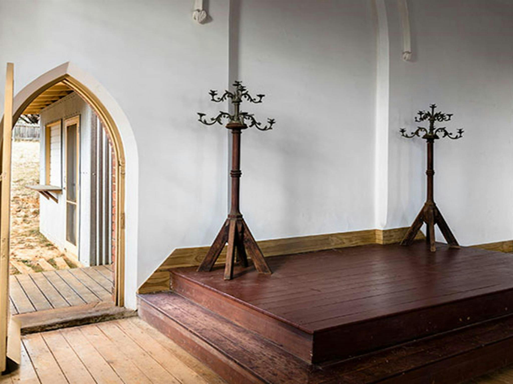 Pulpit and arch doorway in Sacred Heart Church, Hill End Historic Site. Photo: Jennifer Leahy &copy;