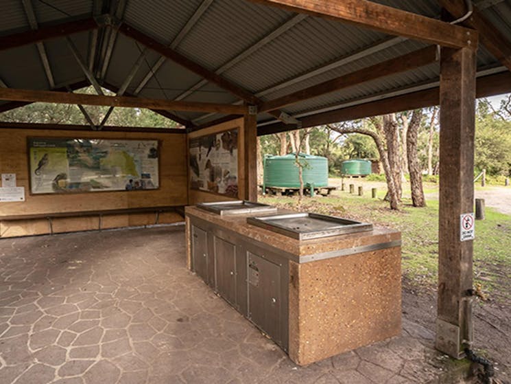 Barbecue facilities with shelter at Saltwater Creek campground, Beowa National Park. Photo: John