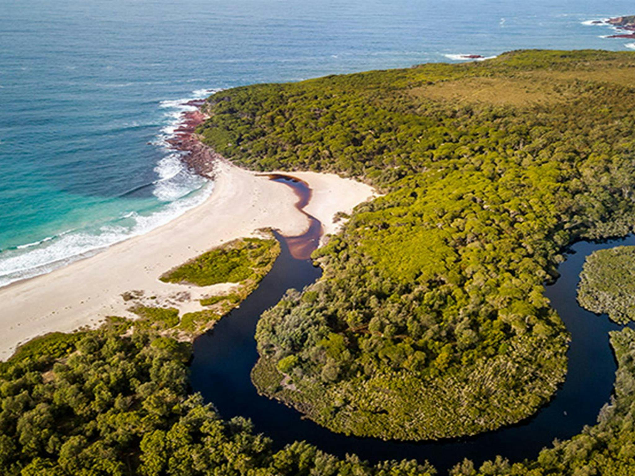 Aerial view of Woodburn Creek at Saltwater Creek campground, Beowa National Park. Photo: John
