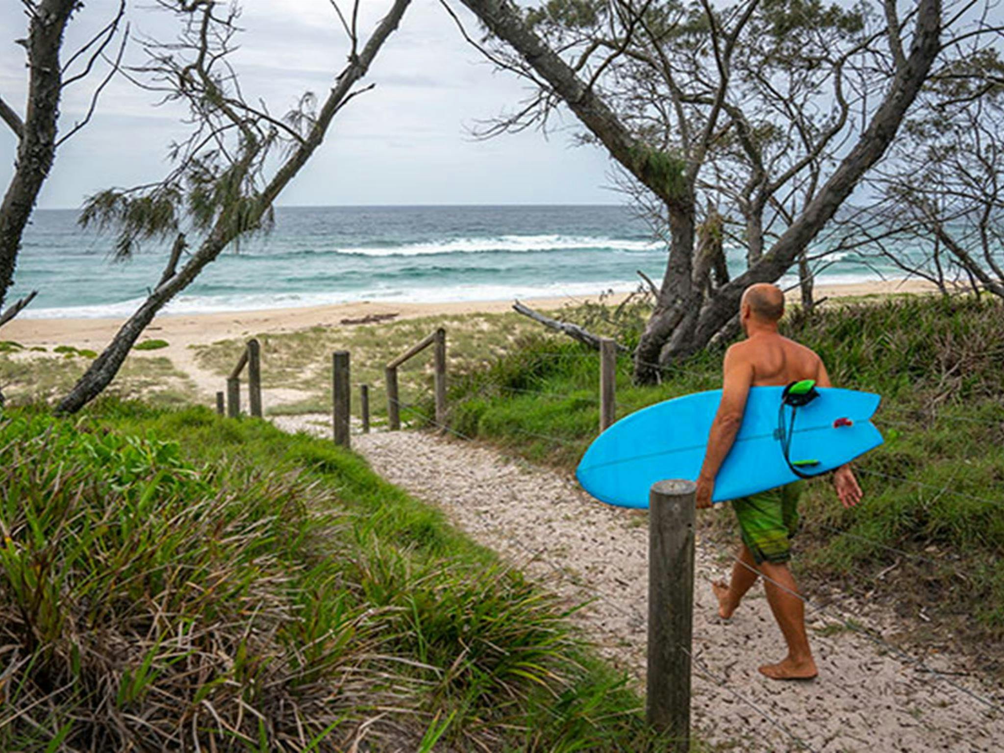 A surfer walks along a sandy beach track near Santa Barbara picnic area in Booti Booti National Park