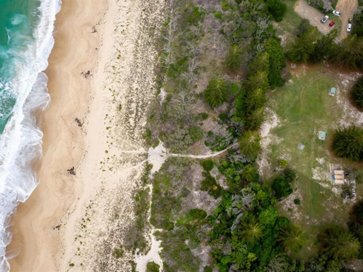 Aerial view of Santa Barbara picnic area and the shoreline of Seven Mile Beach. Photo credit: John