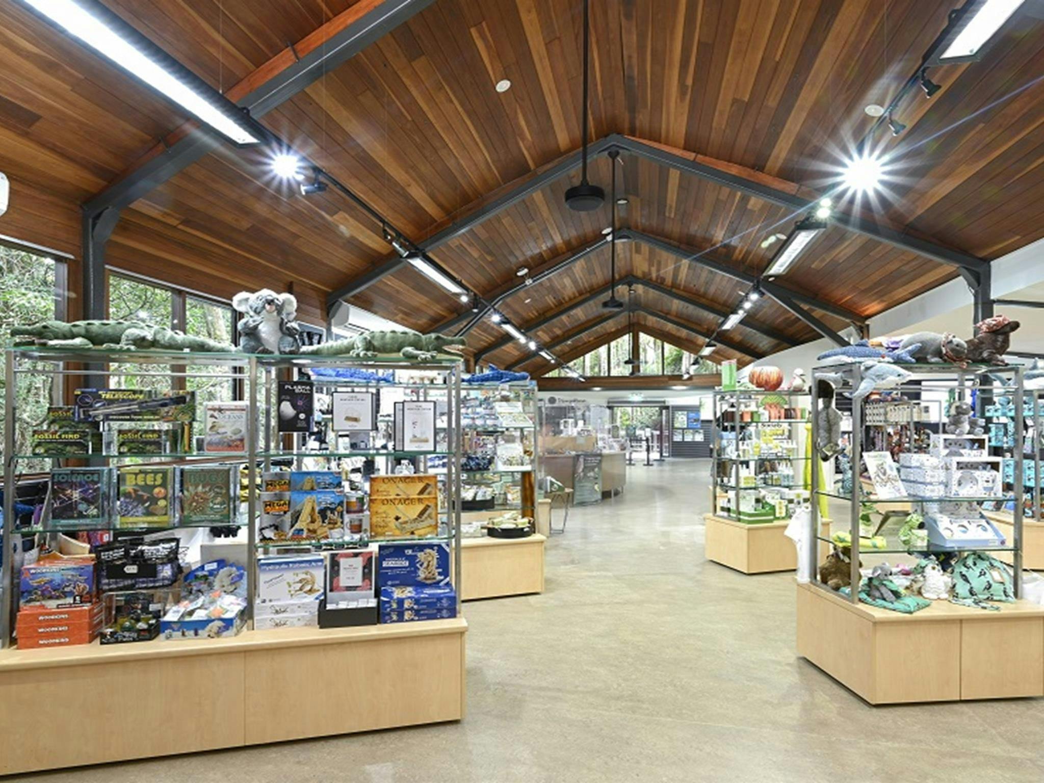 Inside the light and airy rainforest centre with glass case displays, Sea Acres National Park.