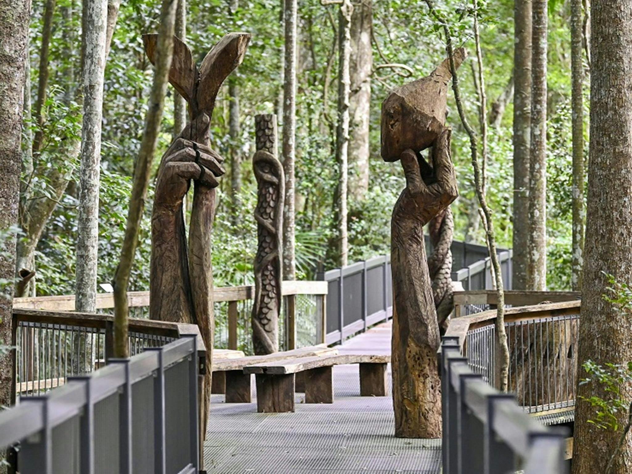 Giant carved wooden sculptures along the rainforest boardwalk, Sea Acres National Park. Credit: Adam