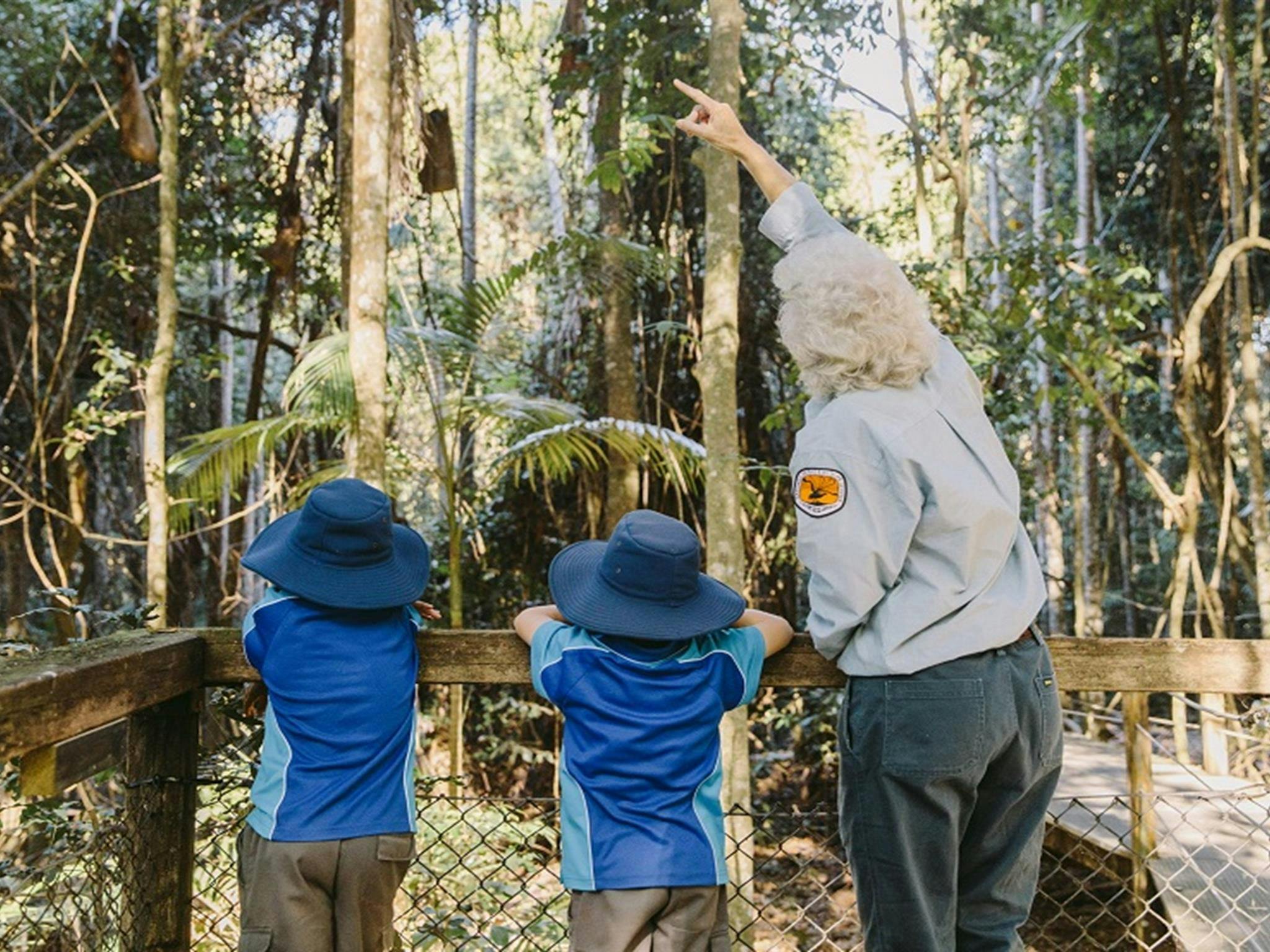 An NPWS Discovery ranger talks to 2 children about the rainforest, Sea Acres National Park. Credit: