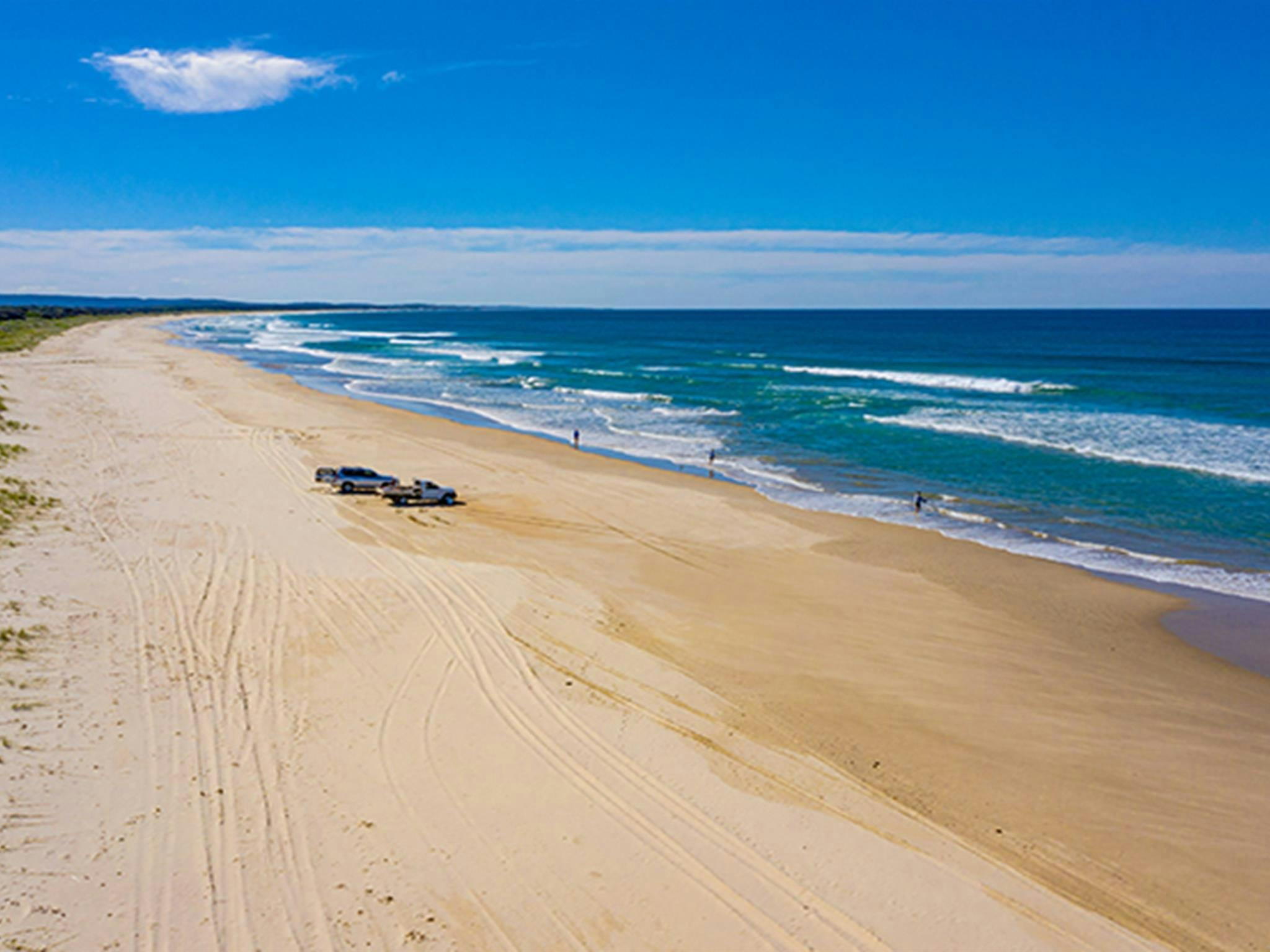 Aerial view of Shark Bay beach coastline with  4WD vehicles in the distance. Photo: Jessica