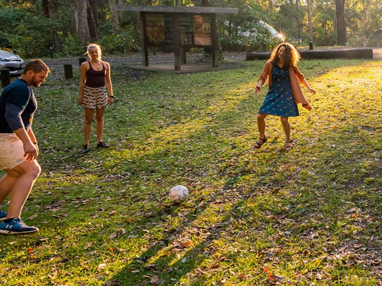 Campers playing soccer at Sheepstation Creek campground. Photo credit: John Spencer &copy; DPIE
