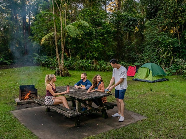 Four people sit at a picnic table beside a campfire at Sheepstation Creek campground, Border Ranges