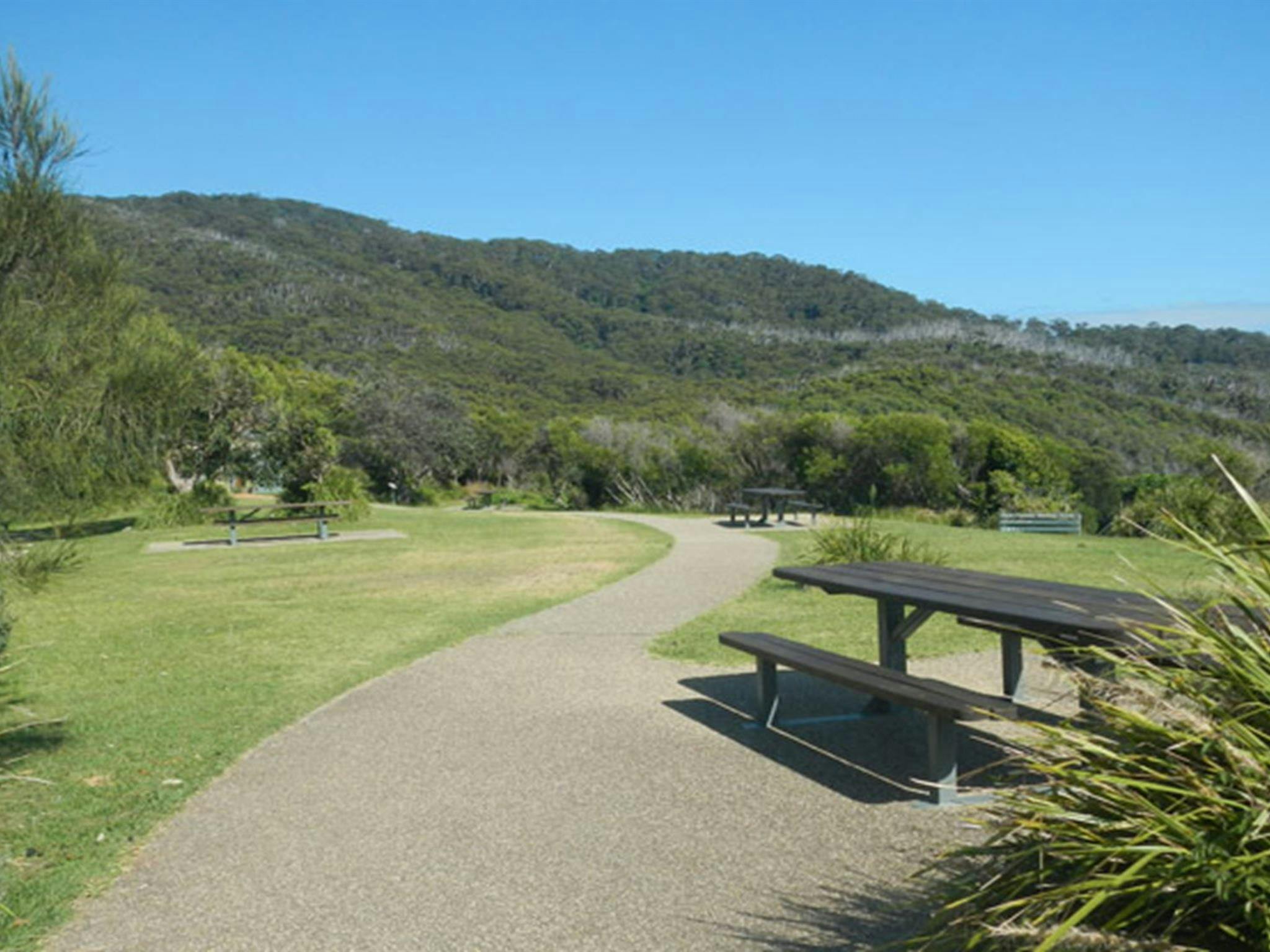 햇 헤드 국립공원(Hat Head National Park)의 스모키 케이프(Smoky Cape) 피크닉 장소에 있는 피크닉 장소와 피크닉 테이블. 사진: 데비