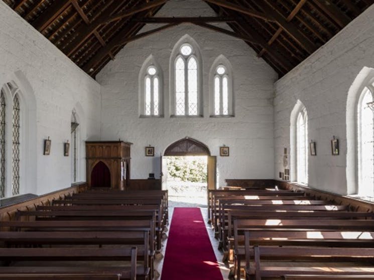 The interior of St Bernard's Church looking towards the main door in Hartley Historic Site. Photo: