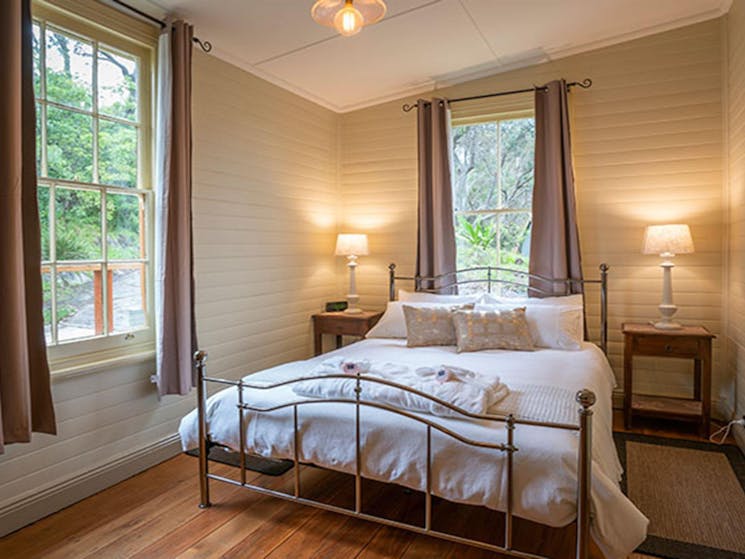 Bedroom with Queen bed at Steele Point Cottage in Sydney Harbour National Park. Photo: John