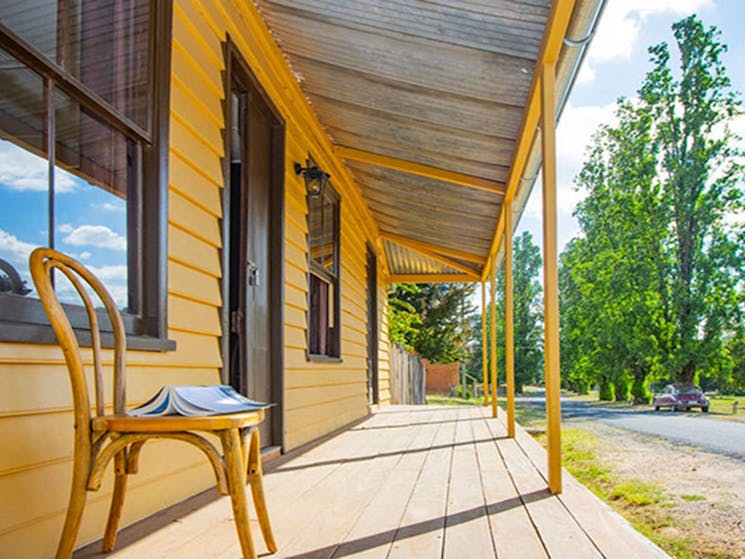 The verandah looking out onto the street at Sydney Hotel Cottage in Hill End Historic Site. Photo: