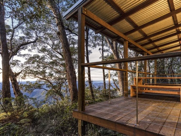 The balcony and surrounding bushland at The Chalet in New England National Park. Photo: Mitchell