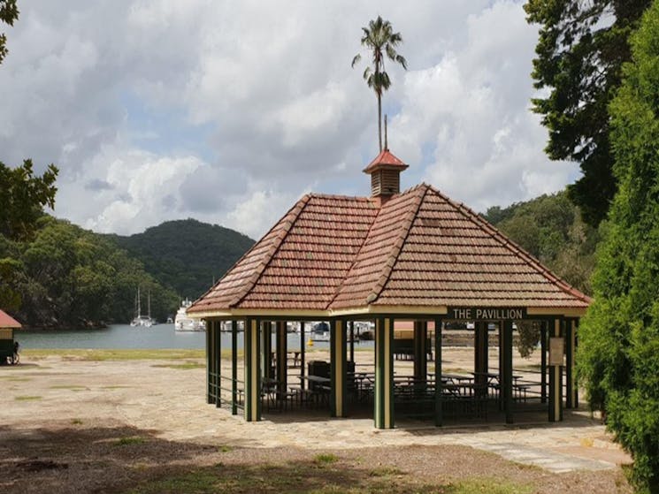 The Pavillion picnic shelter in Ku-ring-gai Chase National Park. with Cowan Creek in the background.