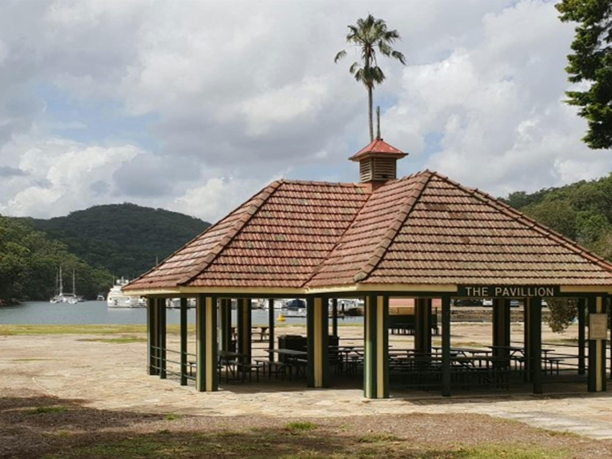 The Pavillion picnic shelter in Ku-ring-gai Chase National Park. with Cowan Creek in the background.