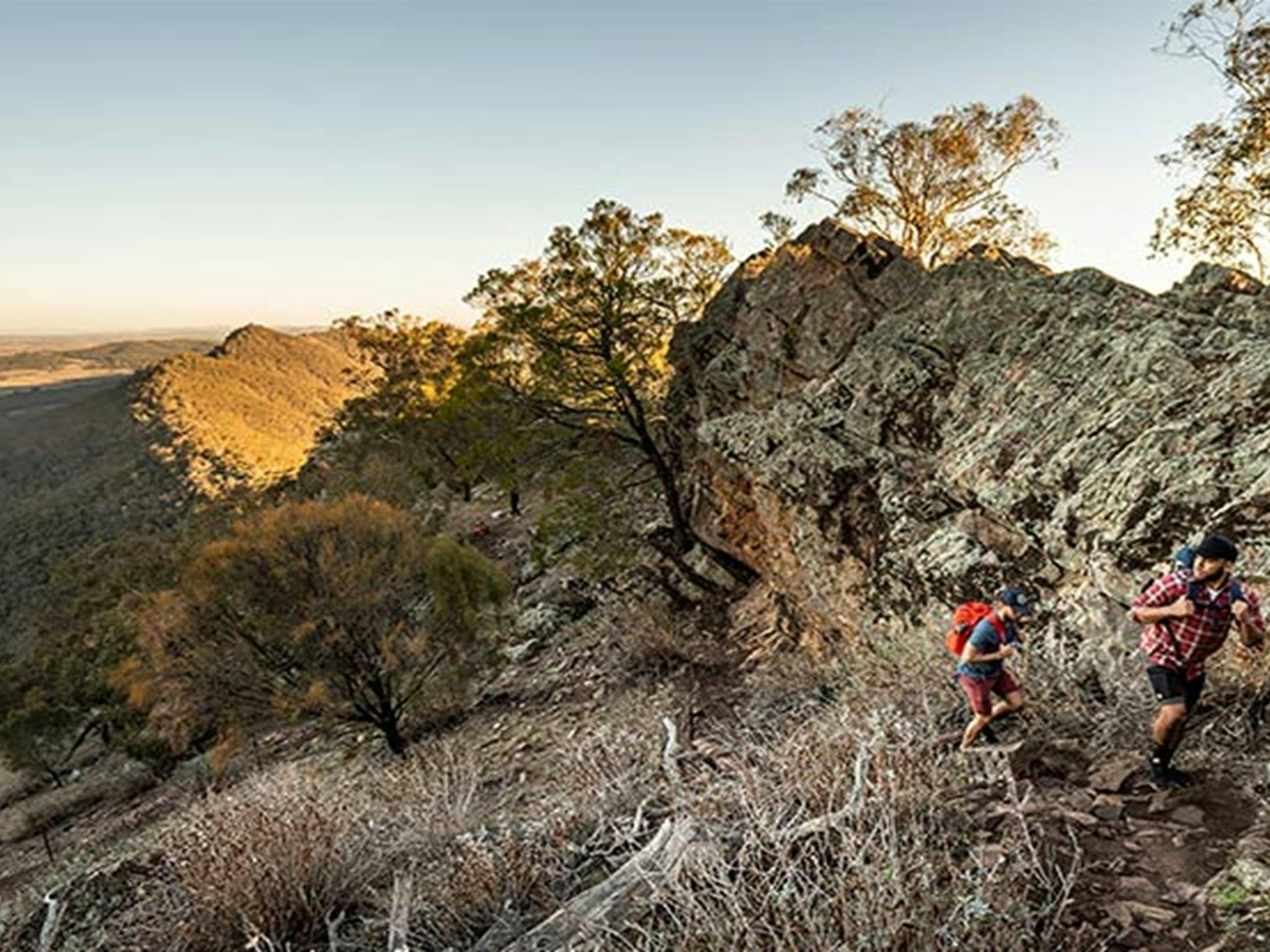 Two men hike uphill along Yerong walking track in The Rock Nature Reserve - Kengal Aboriginal Place.