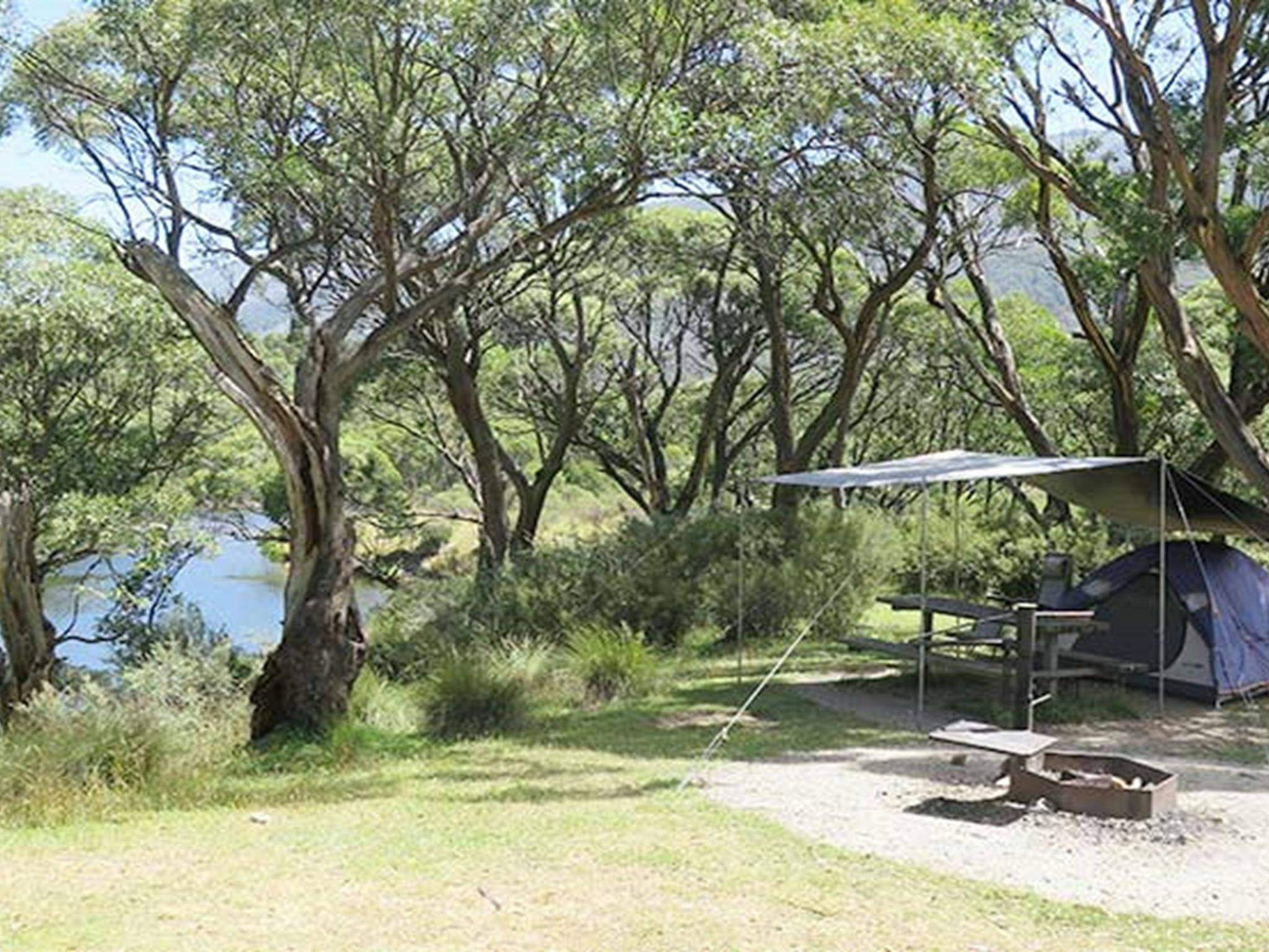 Thredbo Diggings campground tent above the Thredbo River. Photo: E Sheargold/OEH.