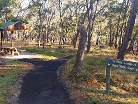 A picnic shelter among trees with a sign to Tia Falls lookout at Tia Falls campground, Oxley Wild