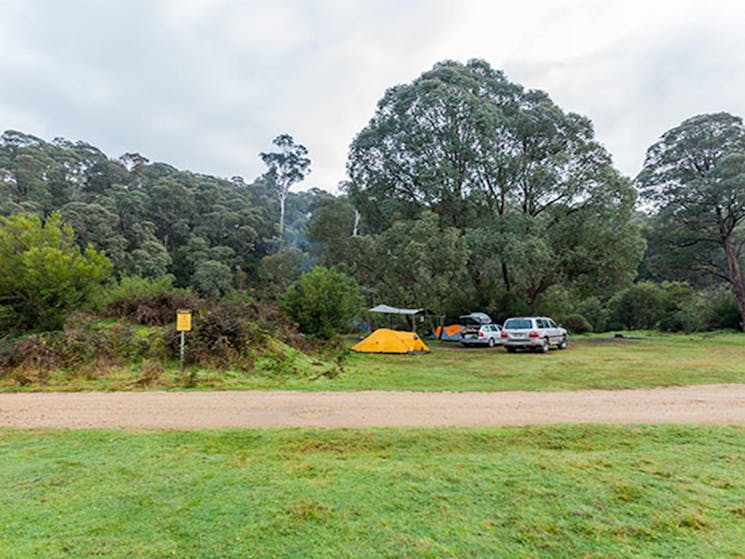 Tent and cars at Tom Groggin campground, Koscisuzko National Park. Photo: Murray Vanderveer/NSW