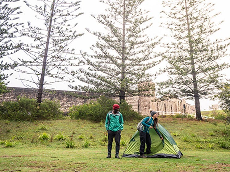 Campers zipping up their tent in Trial Bay Gaol campground, Arakoon National Park. Photo: Rob