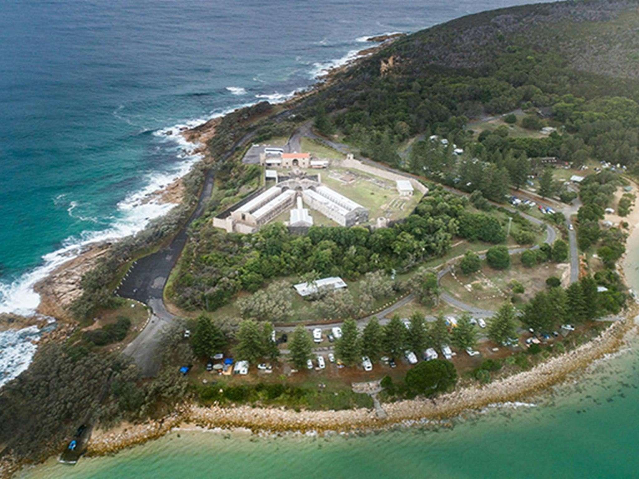 Aerial view of Trial Bay Gaol campground, Arakoon National Park. Photo: Rob Mulally/DPIE