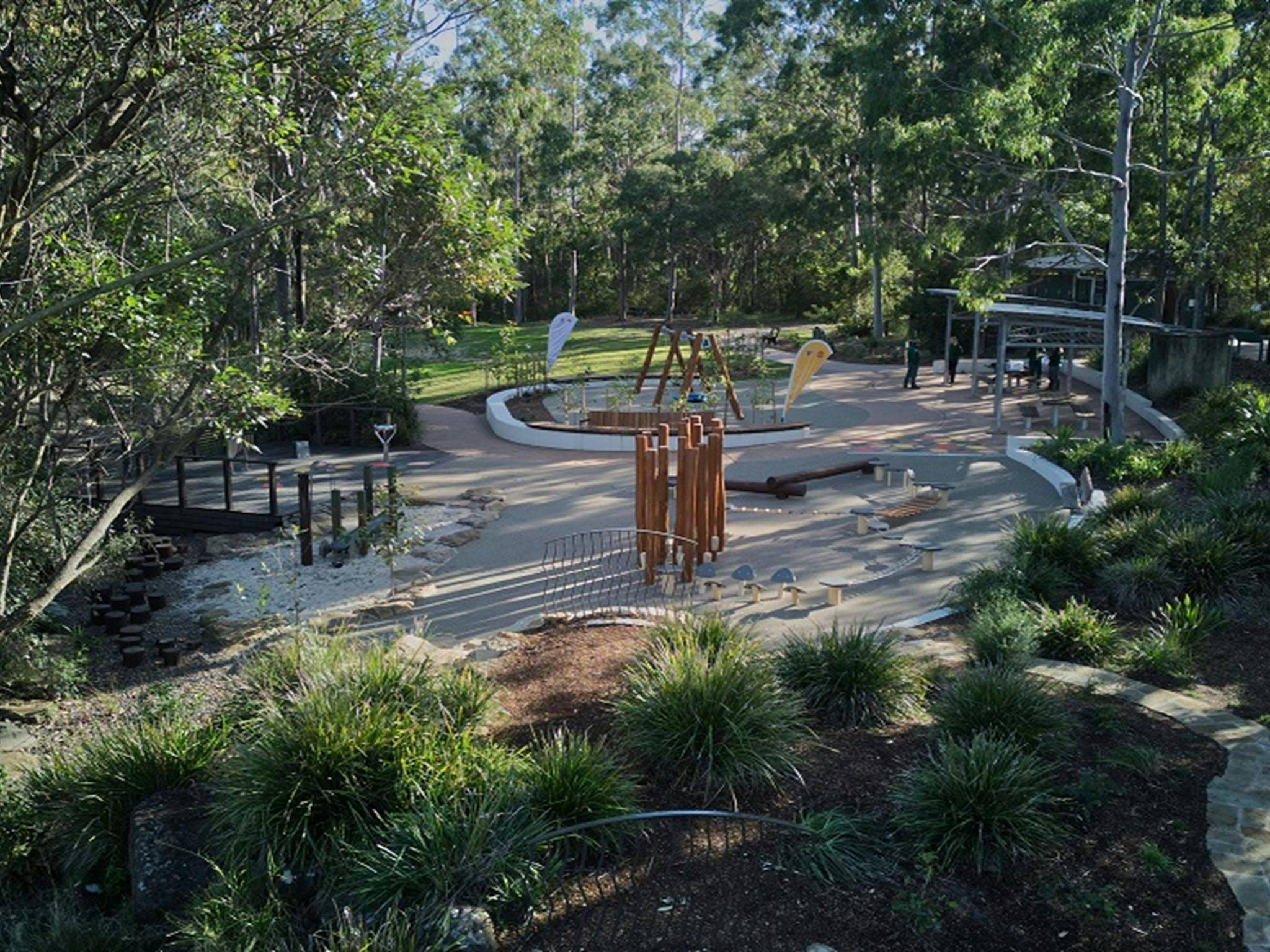 Aerial view of the playground and a picnic shelter, Village Green picnic area and playground, Blue