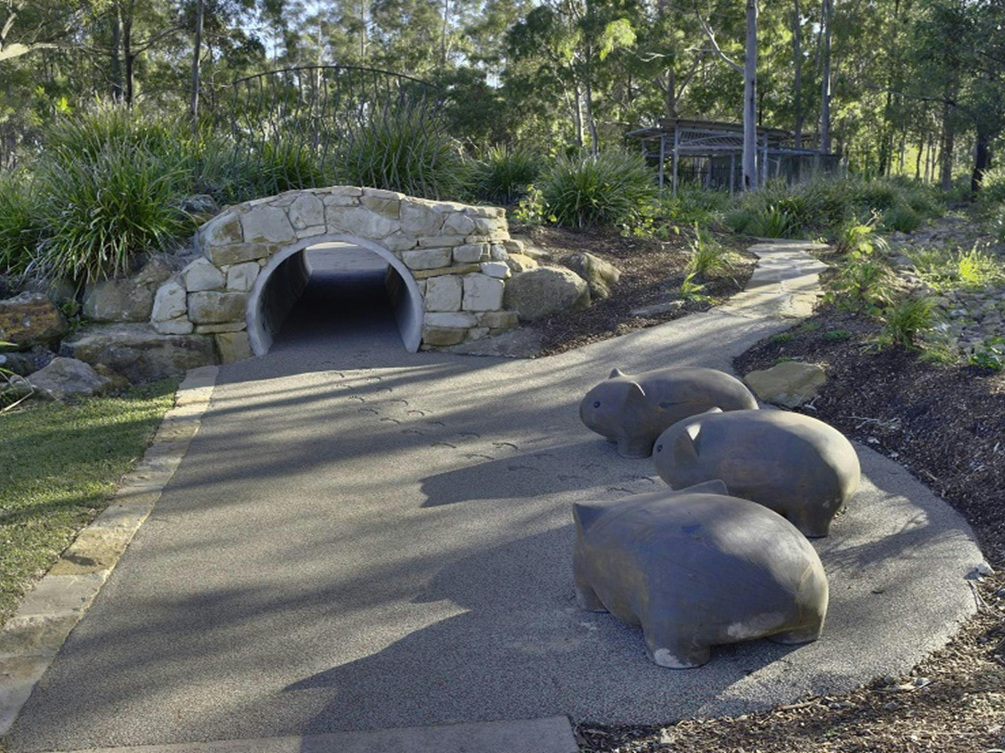 View of some large wombat sculptures, Village Green picnic area and playground, Blue Gum Hills