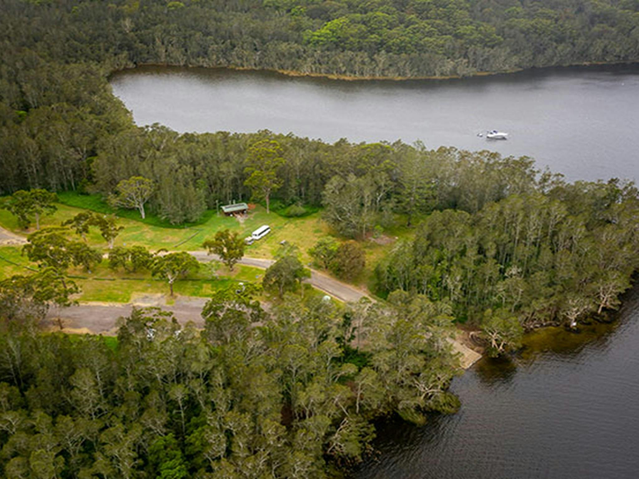 Aerial view of Violet Hill campground and picnic area with surrounding bushland and waterways in