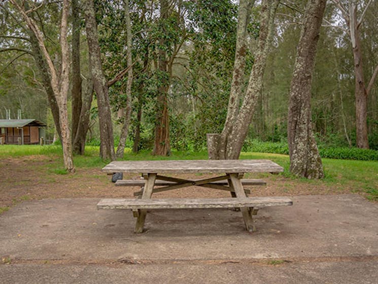 A picnic table with amenities block in the background at Violet Hill campground in Myall Lakes