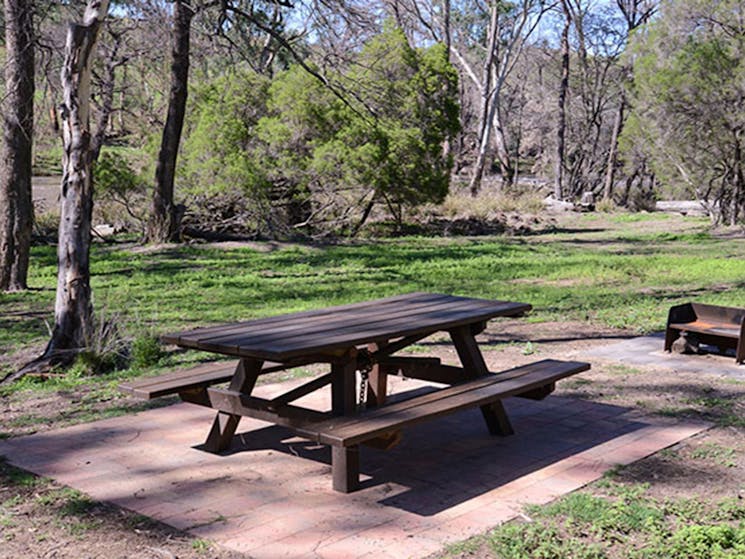 A picnic table and wood barbecue next to trees at Warrabah campground and picnic area  in Warrabah