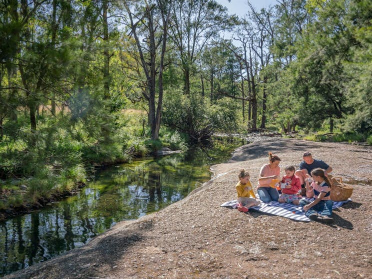 Family having a picnic on the banks of the Middle Brook. Credit: John Spencer &copy; DPE