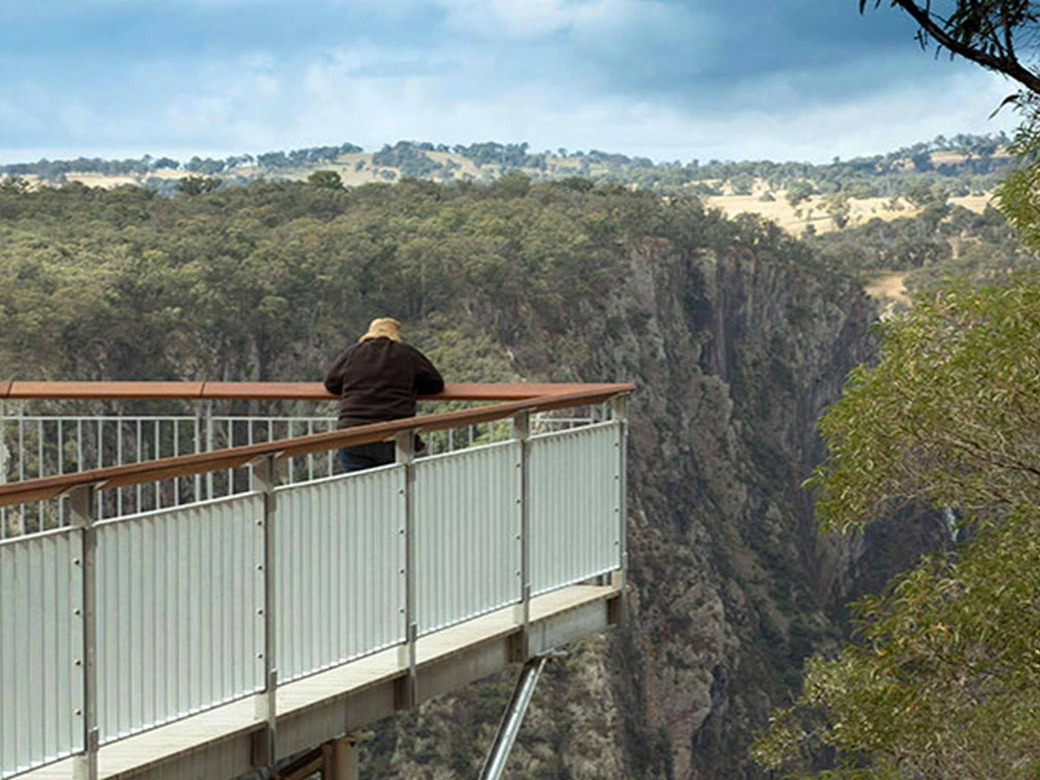 A man views Wollomombi Falls from the wheelchair-accessible lookout platform at Wollomombi Falls