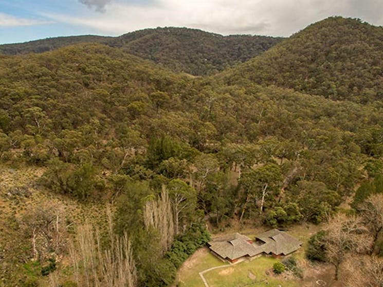 Arial view of Wombeyan Caves dorms set in the bushland hills. Photo: OEH/John Spencer