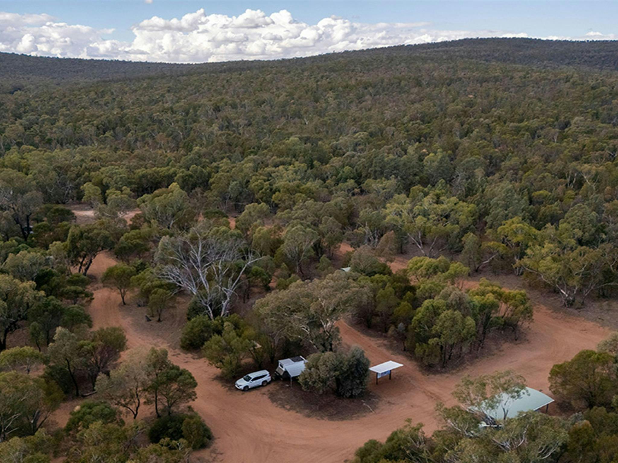 An aerial shot of the campground and roads around Woolshed Flat campground in Cocoparra National
