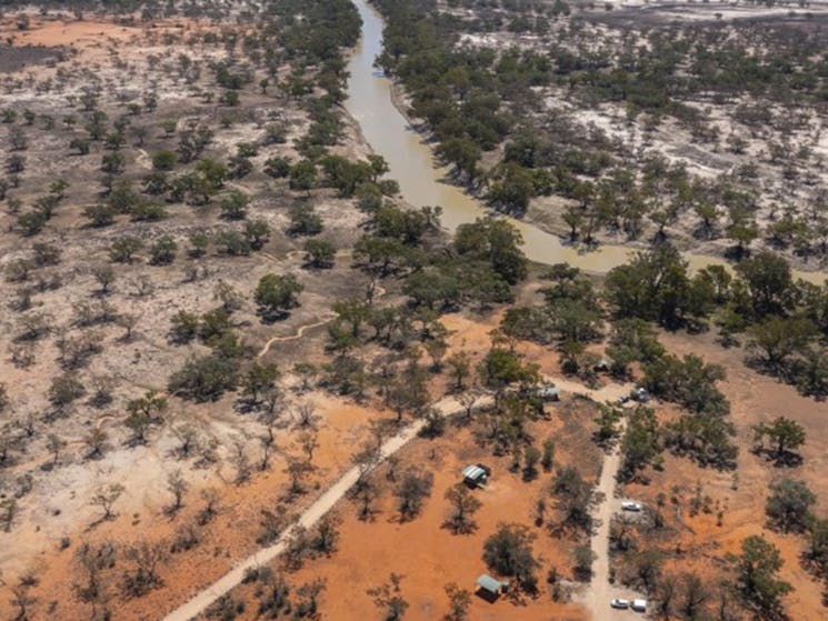 Aerial view of Yanda campground next to the Darling River in Gundabooka State Conservation Area.