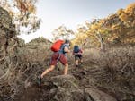 Two men hike up the rocky Yerong walking track in The Rock Nature Reserve - Kengal Aboriginal Place.