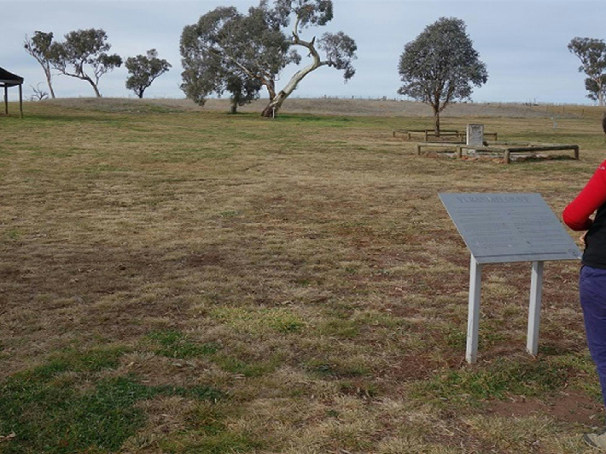Photo of a visitor reading an interpretive sign at Yuranighs Aboriginal Grave Historic Site. Photo: