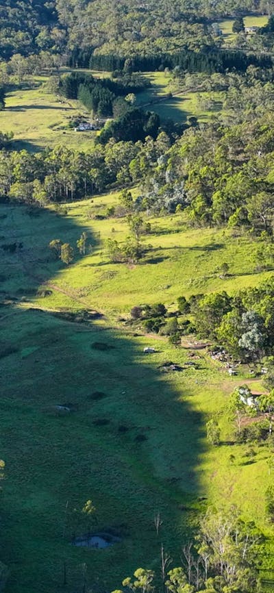 The waterholes along Lyrebird Creek glint in the early morning shadows of our 1 km long valley
Our northern boundary is 2.1 kms, southern 5.6kms