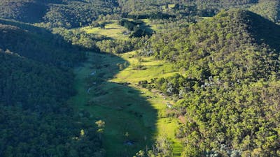 The waterholes along Lyrebird Creek glint in the early morning shadows of our 1 km long valley
Our northern boundary is 2.1 kms, southern 5.6kms
